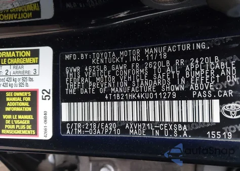 2019 Toyota Camry Hybrid Se z USA, uszkodzony, nr VIN 4T1B21HK4KU011279